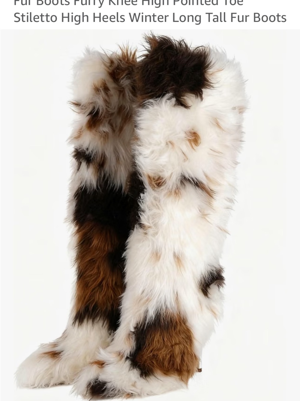 Faux Fur Knee-High Heeled Boots in White and Brown